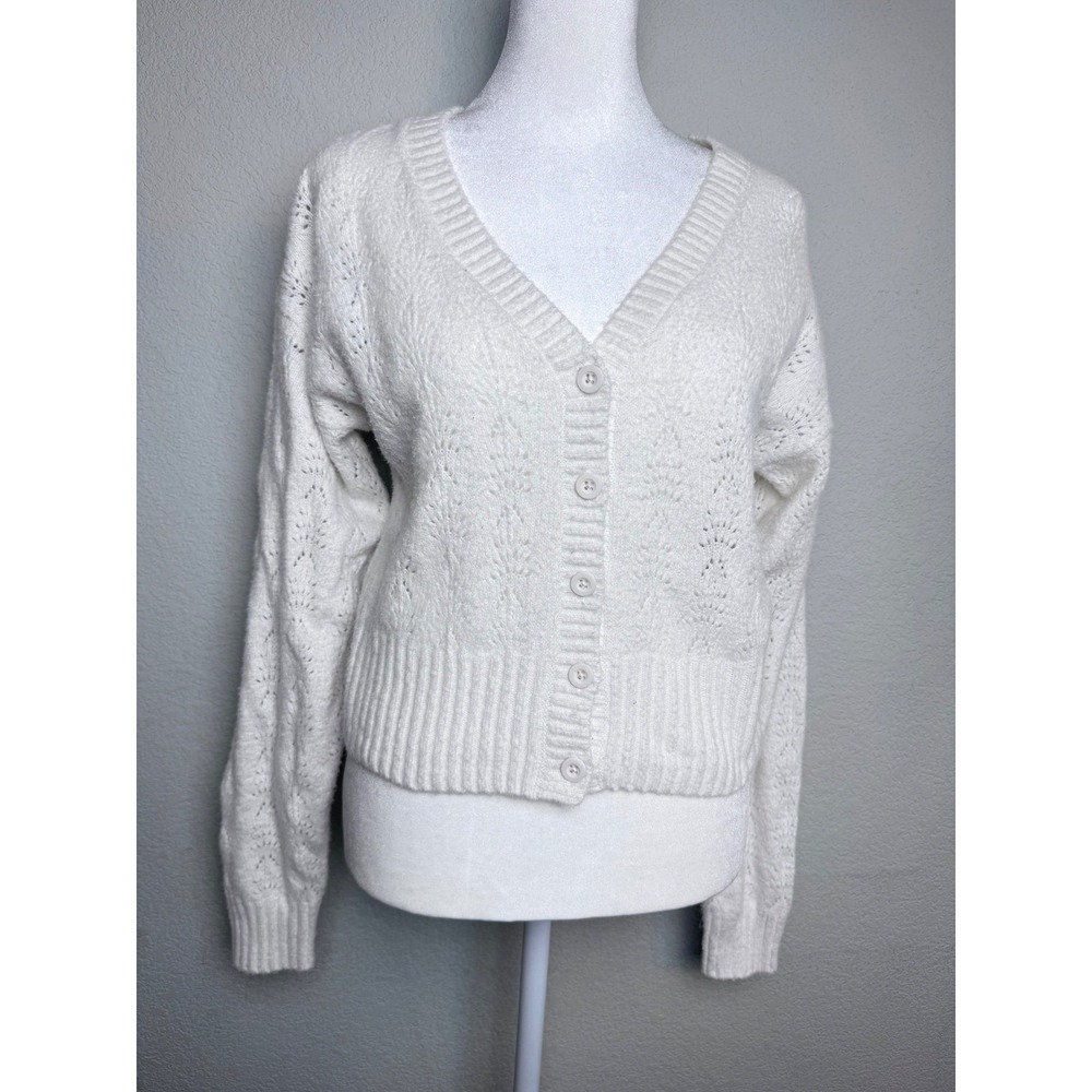 Hollister Pointelle Knit Button Front V-Neck Cropped Cardigan Sweater Small